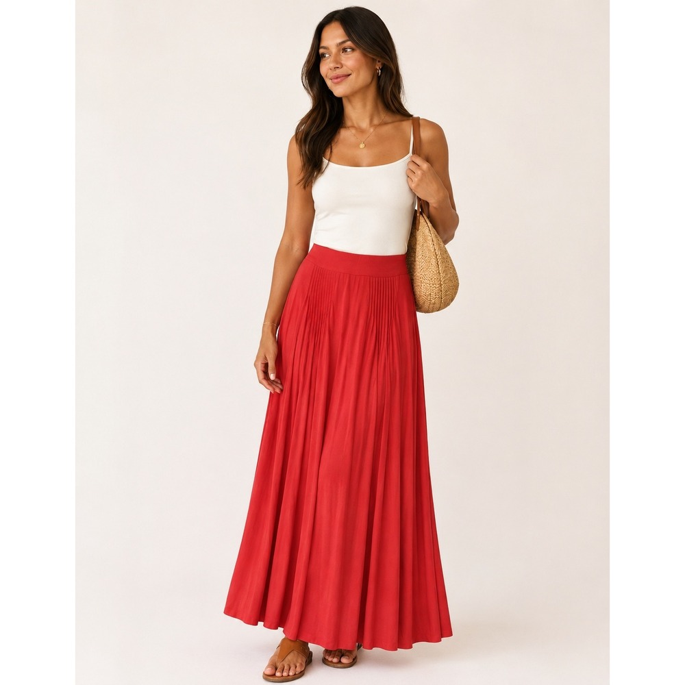Anthropologie Maeve Red Pintuck Maxi Skirt SJersey Knit Flowy A-Line Pull On